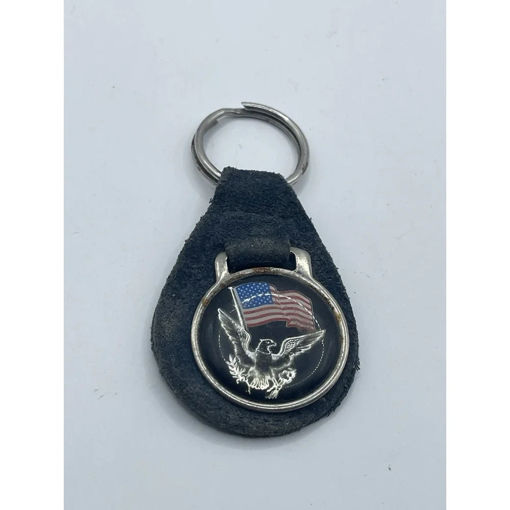 Patriotic American Flag Bald Eagle Emblem Leather Fob‎ Keychain Key Ring